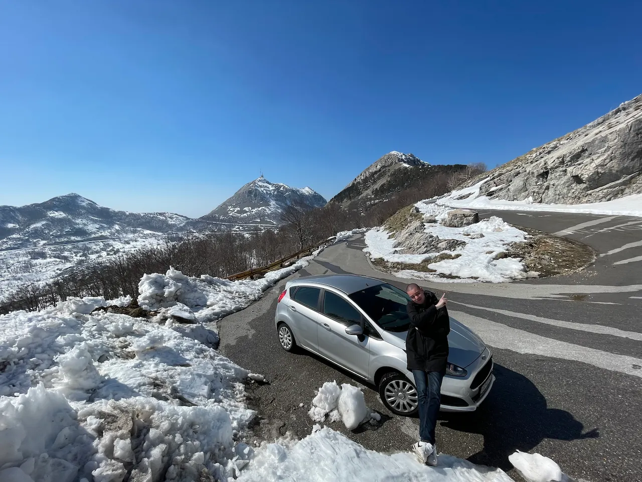 Me on the way to Mount Lovćen in late March. Still a lot of snow here!